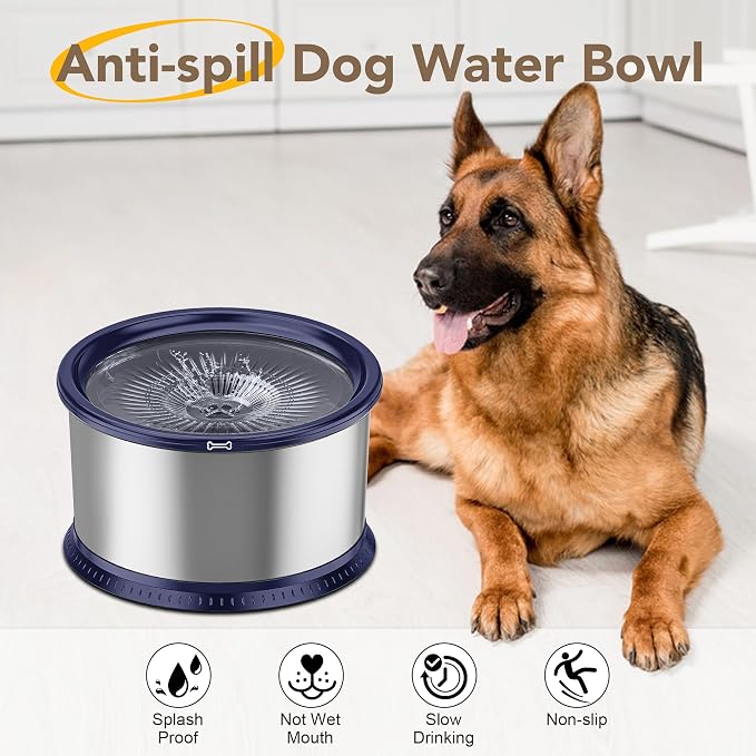 4.5L/1.2Gal Dog Water Bowl, No Spill Stainless Steel Slow Water Bowl for Medium Large Dogs, Large Capacity Splash Proof Slow Drinking Water Bowls with Anti-Slip Mat for Mess Drinkers, Blue