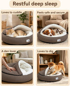 Calming Cozy Dog Cave Cover Bed, Doggy Anti Anxiety, Washable Brown | Not Collapsing, Stand Up Hooded Cover, Cozy Round Fluffy Cocoon Beds Small Medium Cat, Muddy Proof Removable, Neck Support