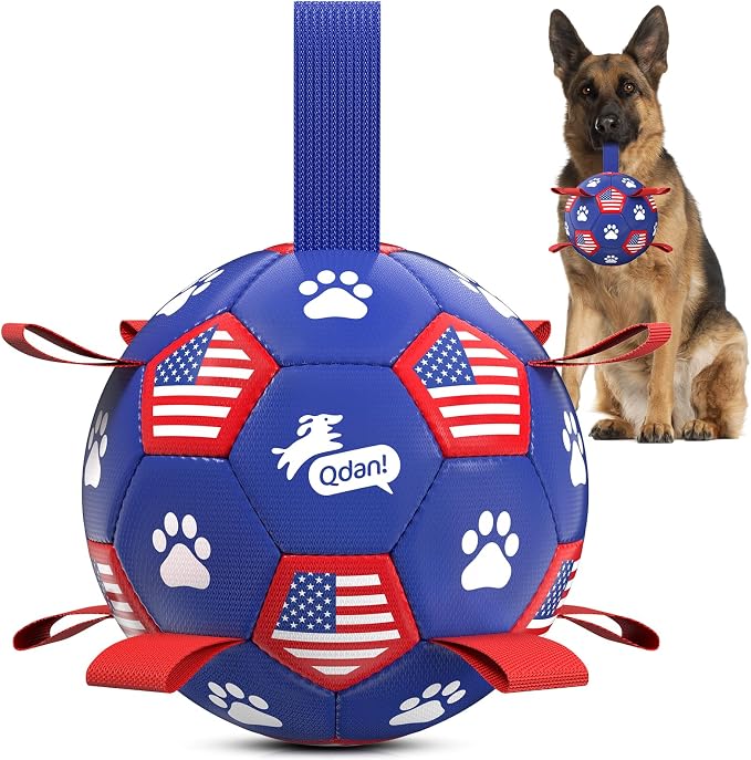 QDAN Dog Balls with Straps, Large Herding Balls for >90lbs Dogs, Soccer Toy | 9 Inch Soccer Ball for Dogs with Tabs for Outside Play, High Energy Dogs to Keep Them Busy, Interactive Tug Toy for Training