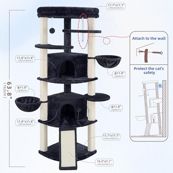 Gitelsnour Corner Cat Tree, All Sisal Multi-Cat Scratching Posts GCT035G | 63.8" Cat Tower for Indoor Cats with Cat Condo, 2 Large Cat Caves, Big Top Perch, 2 Hanging Baskets & Sisal Ramp, Drak Gray