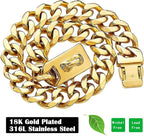Gold Dog Chain Collar with Design Secure Buckle & ID Tag,18K Cuban Link Strong Heavy Duty Chew Proof Metal Walking Collar for Medium Dogs(19MM 16'')