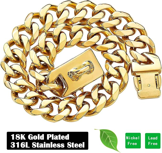 Gold Dog Chain Collar with Design Secure Buckle & ID Tag,18K Cuban Link Strong Heavy Duty Chew Proof Metal Walking Collar for Large Dogs(19MM 20'')