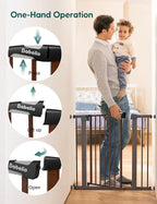 Babelio Pressure Mounted Baby Gate for Stairs, 29-48" Wide Dog Gate Indoor | Triple-lock system; Auto-close; 200N impact tested; Easy install for Doorways, Kitchen, Hallway, Black Wood Pattern