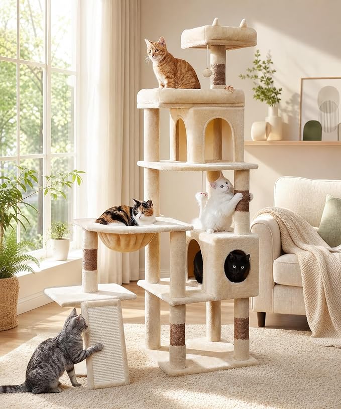 68 Inches Heavy Duty Cat Tree for Indoor Cat, Big Cat Tower | Cat Houses & Tree Tower with 2 Condos, Sisal Scratching Posts & Large Platform for Indoor Cats Large Adult, Beige