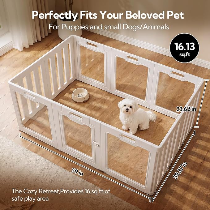 Soulbond Clear Acrylic Dog Playpen Indoor (24 Inch, White, 10 Panels) | Non-Slip,Tool-Free Assembly, External Door Lock Play Pen for Puppies and Small Dogs