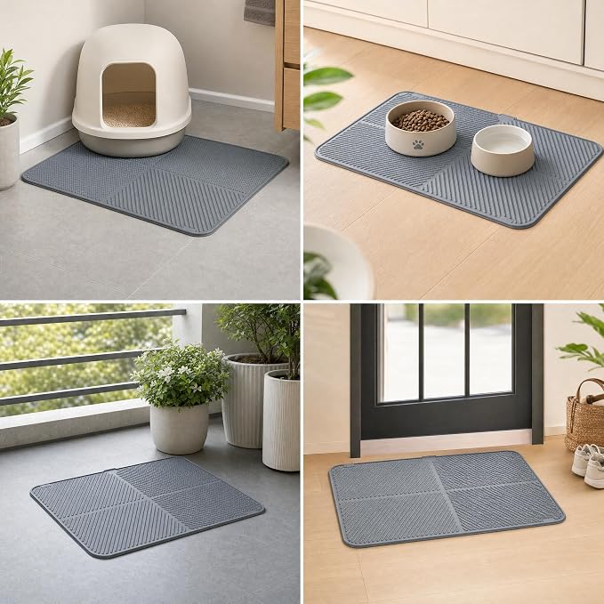 Silicone Cat Litter Mat, 30'' × 23'' Large Waterproof Cat Pad for Litter Box, Easy-Clean Trapping Surface with Raised Edge, Gentle on Paws, Gray