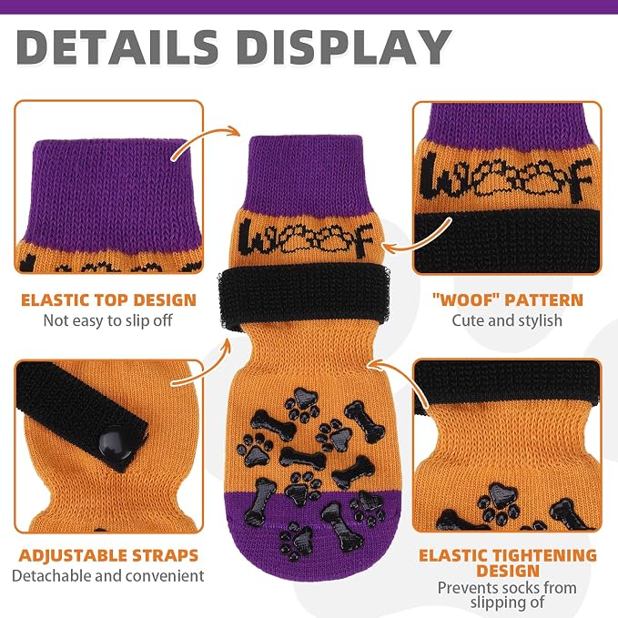 KOOLTAIL Anti Slip Halloween Dog Socks to Prevent Licking Paws, Dog Costume Boots&Paw Protector with Grippers for Hardwood Floors, Warm Winter Traction Control Booties for Small Medium Large Dogs, S