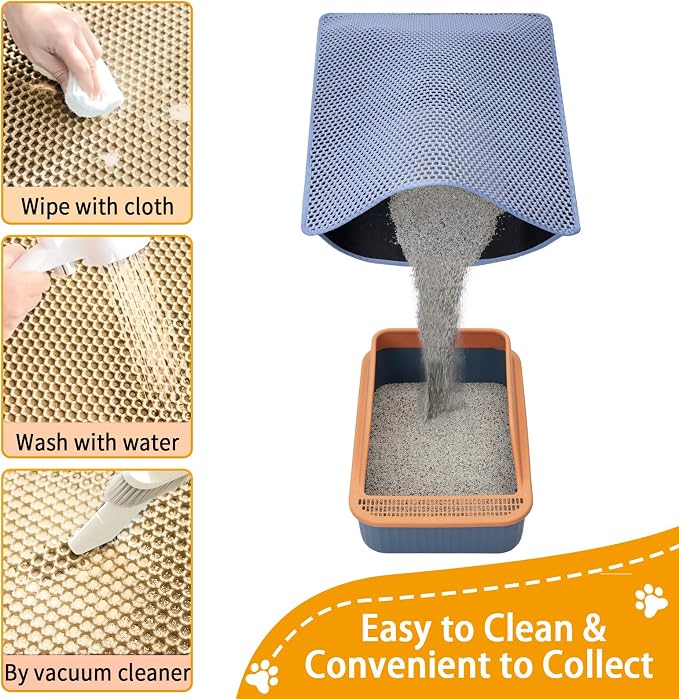 Cat Litter Mat Litter Catcher Mat 32"x22" for Floor, 2 Layer Litter Trapping Mat for Kitty, Waterproof Urine Proof Litter Box Mat, Easy Clean Litter Rug, Blue Medium