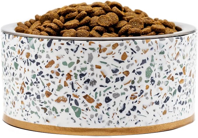 Terrazzo Single Elevated Pet Bowl Stand, Small, White | Removable Stainless Steel 16oz Inner Bowl, For Small Dog Breed or Cat, Raised Food or Water Station