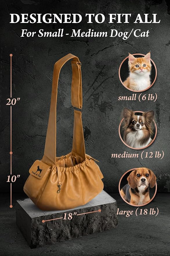 Noah & Paw Dog Sling Carrier for Small Dogs 5-18lb, Dog Sling for Small Dogs and Cats, Dog Carrier with Adjustable Padded Strap, Vegan Leather Lined with Fur, Double Safety Feature, Machine Washable