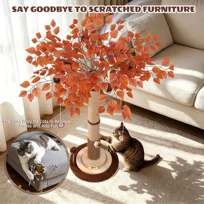 46" Extra Tall Cat Scratching Post with Toy for Large and Adult Indoor Cats | Sisal Cat Scratcher Tree with 3D Leaves for home decor, Hanging Plush Ball, Stable 3-Layer Wooden Base with Ball Track Toys