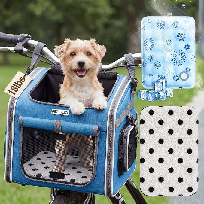 DaisyInner Dog Basket for Bike, Expandable Pet Carrier with Cooling Mat for Bicycle Handlebar, 2 Mesh Doors, Reflective Strips, Soft-Sided Travel Bag for Small & Medium Pet up to 8 kg(Blue)