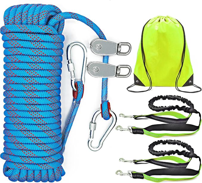 Dog Tie Out Cable for Camping, Dog Trolley System and 4ft Bungee Leash | Suitable for Dogs Up to 400lbs, Camping Yard andOutdoor Events