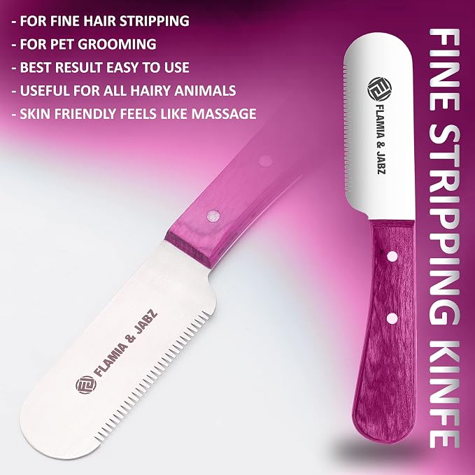 FLAMIA & JABZ FJ Professional Stripping Knife kit (6 pieces set) for Dogs & Pets, Wooden Handle Grip with Stainless Steel Blade (Right handed) (Pink)