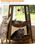 56in Modern Wood Cat Tree Tower for Indoor Cats with Hammock | Multi-Level Climbing Design, 2 Spacious Hammocks, Perch, Cat Condo, Scratching Board, Ideal for Multi-Cat Homes, Rustic Brown