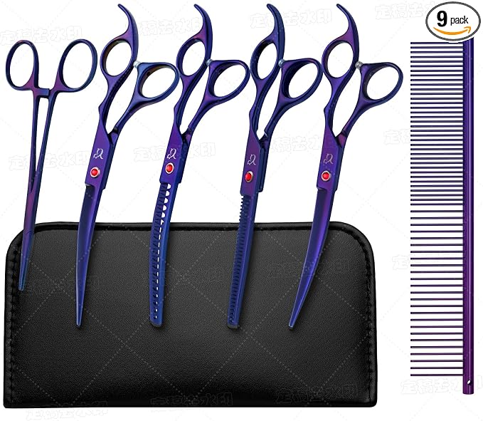 Dog Grooming Scissors,Purple Curved Chunkers Shears with Safety Round Tips,Sharp and Durable 6 in 1 Dog Scissors for Grooming