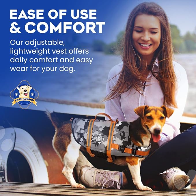 Dog Life Jacket — Premium Swim Vest with SafeChin Anti-Choke Collar | PAWS Aboard Grey Camo | RapidLift Rescue Handle, D-Ring, Reflective Trim | Boating, Kayaking, Pool | Medium (25–50 lbs)