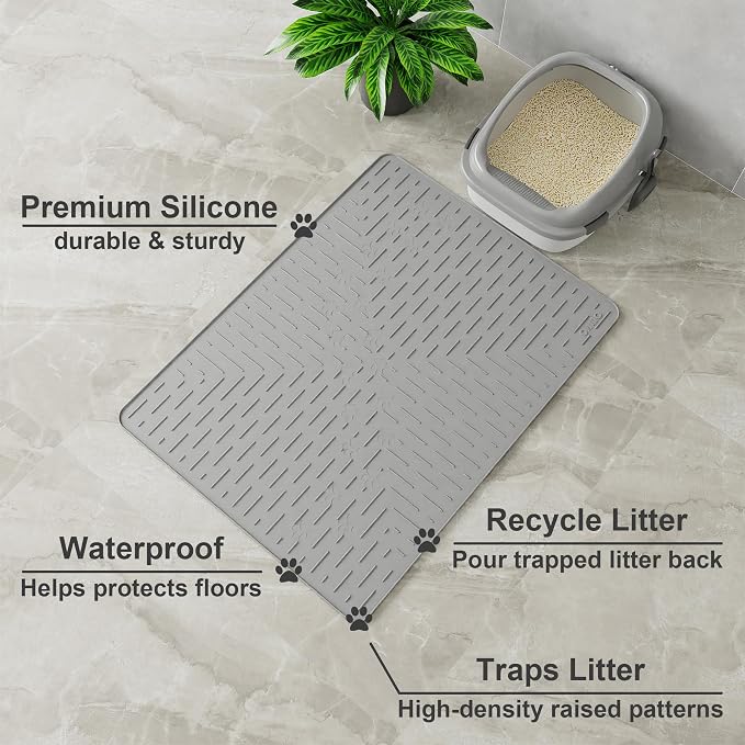Large Cat Litter Mat, 31.5x23.6 Silicone Trapping Mat Grey | for Kitty Litter Box, Easy Clean, BPA Free Rubber, Center Litter Collection, Easy Pour-Back, Waterproof, Odor-Resistant
