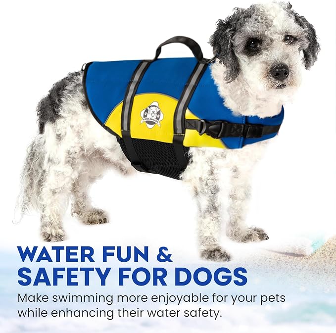 Dog Life Jacket — Premium Swim Vest with SafeChin Anti-Choke Collar | PAWS Aboard Blue & Yellow | RapidLift Rescue Handle, D-Ring, Reflective Trim | Boating, Kayaking, Pool | X-Small (6–15 lbs)