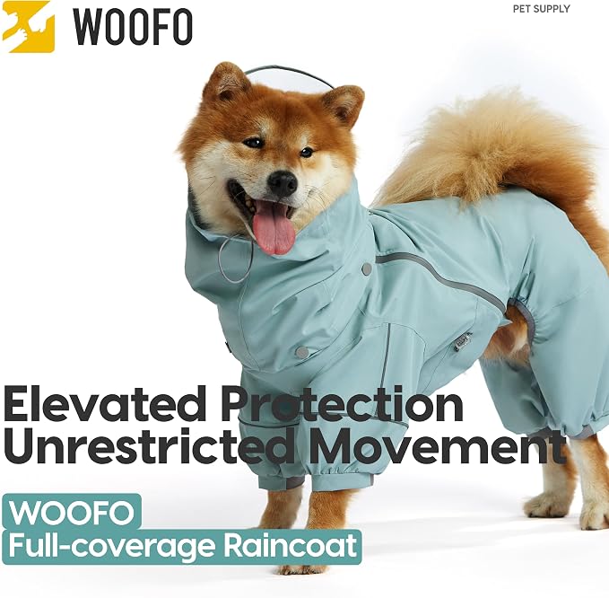 WOOFO Full-Coverage Dog Raincoat, Lightweight, Comfortable, Adjustable & Easy to Wear Dog Rain Jacket, Detachable Cap, Reflective Strip (Mint, Medium)