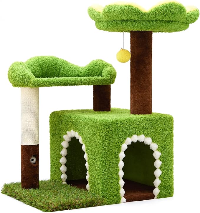 Woochpet Sunflower Short Cat Tree with Cat Scratching Posts Small Cat Tower | Cat Condo,Cat Perch,Cat Bed 3-in-1 Cat Scratcher for Small Cats and Kittens