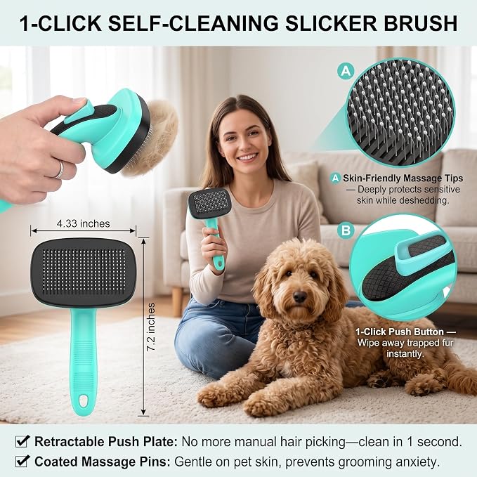 5 PCS Cat & Dog Grooming Kit Brush, Self-Cleaning Slicker Hair Brush, Nail Clipper, Undercoat Rake, Pet Bath Brush with Removable Screen,Pet Comb for Short & Long Haired Dogs Cats, Green