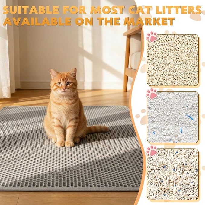 Cat Litter Mat 30"x24", Double Layer Waterproof Litterbox Mat, Gray | Non-slip backing, washable for easy cleanup, traps stray litter with waterproof honeycomb large grid that is urine-proof.
