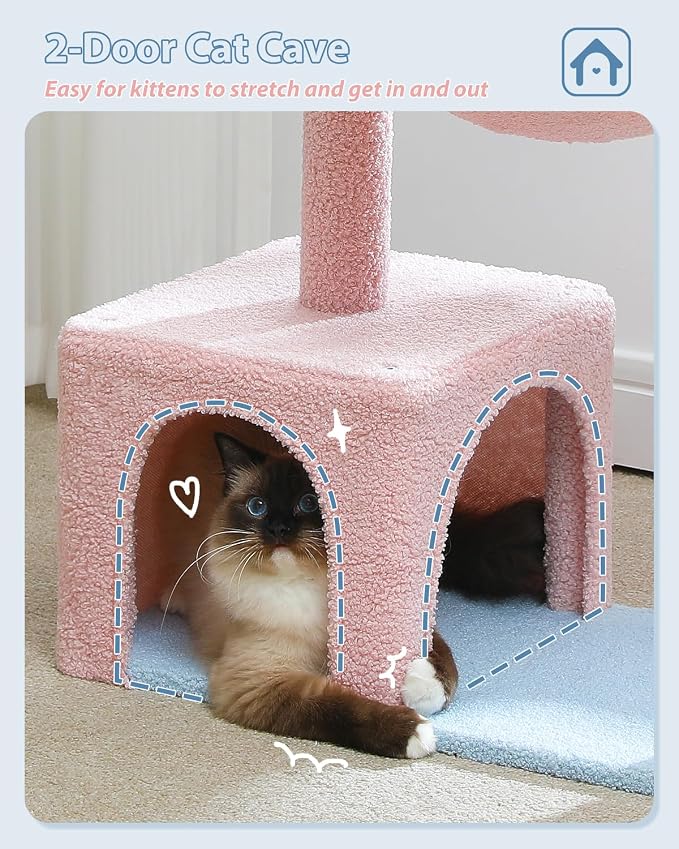 MUTTROS Flower Cat Tree with Large Metal Frame Hammock, 35" Pink Cat Tower with Sisal Scratching Posts for Small Indoor Cats, Cat Condo with Blue Top Perch for Kittens, Fluffy Ball, Pink