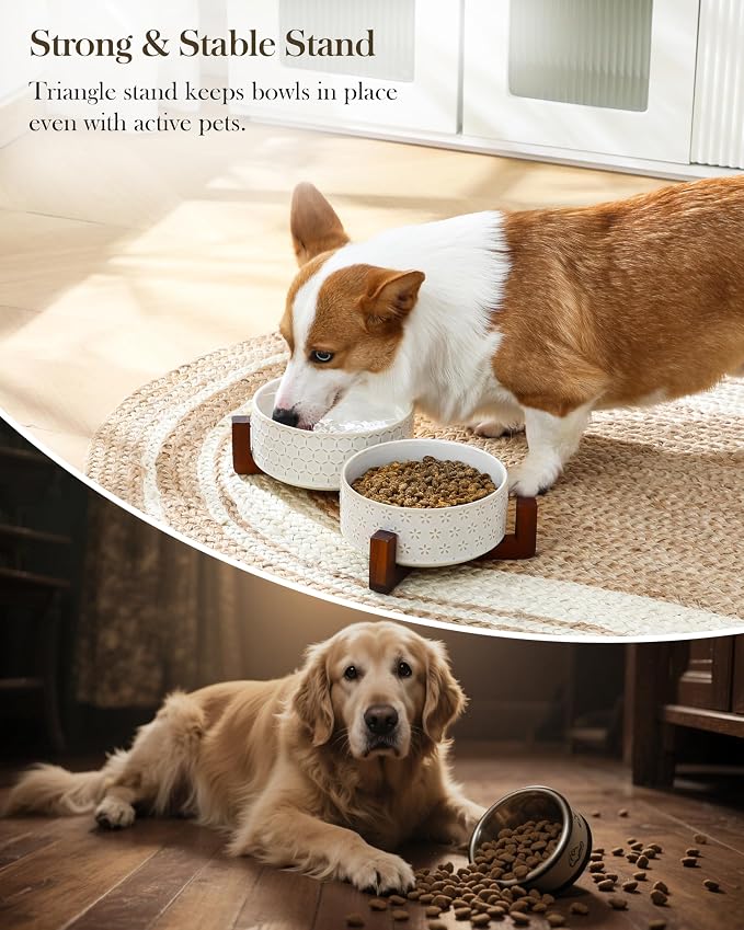 MALACASA Dog Bowl Set, Ceramic Bowls with Walnut Wood Stand, 3.5 Cups | Five-leaf grass and honeycomb design, non-slip base, for cats and dogs, about 26% heavier than similar ceramic bowls