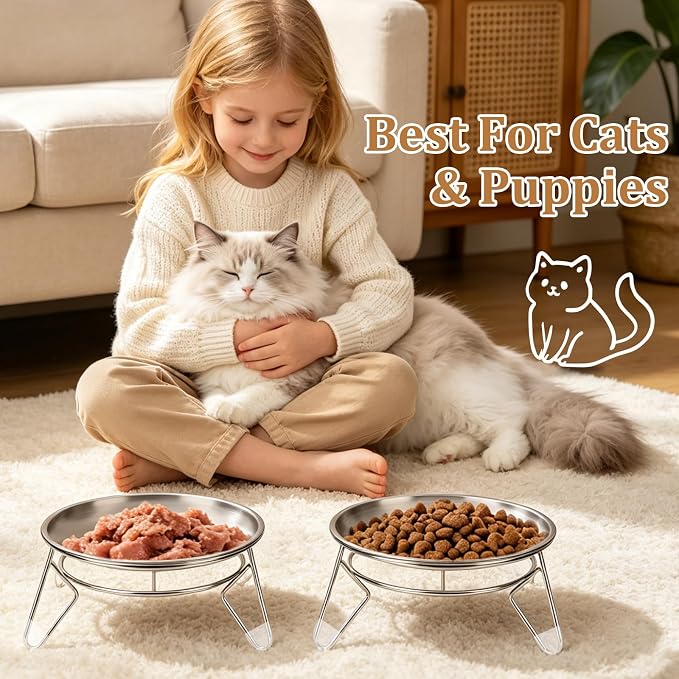 Cat Food Bowls,6.7" Extra Wide Raised Stainless Steel Cats Food Whisker Fatigue Shallow Dishes with Anti-Slip Metal Stand, for Indoor Fat Faced Cat Kitten and Small Dog Puppies-2pack