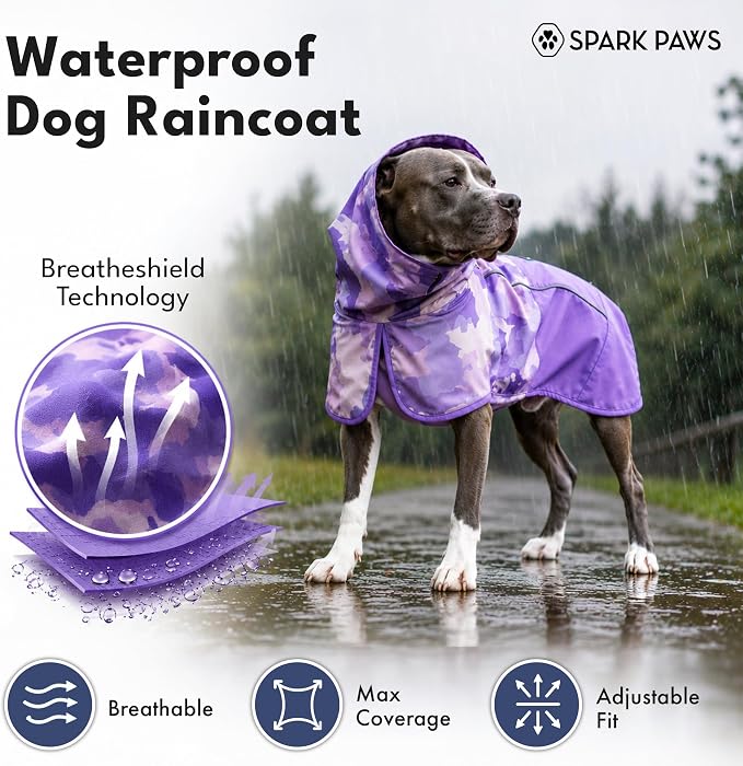 Spark Paws Dog Raincoat, Waterproof Windproof Rain Jacket, for Small Medium Large Extra Large Dogs, Reflective Breathable Full-Body Coverage Dry Suit - Camo Purple - L
