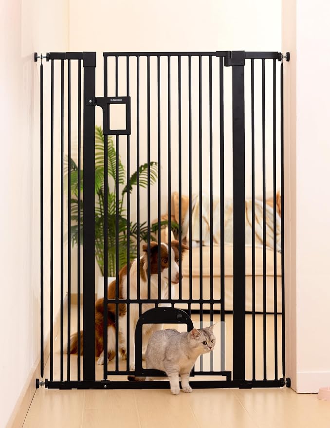 No Pawblems 55" Extra Tall Pet Gate with Cat Door, 29"-43" Dog Gate Indoor | NO Drilling Pressure Mounted for Doorways/Hallways, 1.37" Bar Spacing, One-handed Operation, Auto Close, Dual Lock, Black