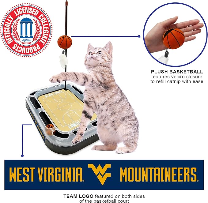 NCAA WEST VIRGINIA Mountaineers REVERSIBLE Basketball Court Felt/Board Cat Scratch Toy with Cat Ball and Wand. Interactive, Catnip-Filled Plush Basketball