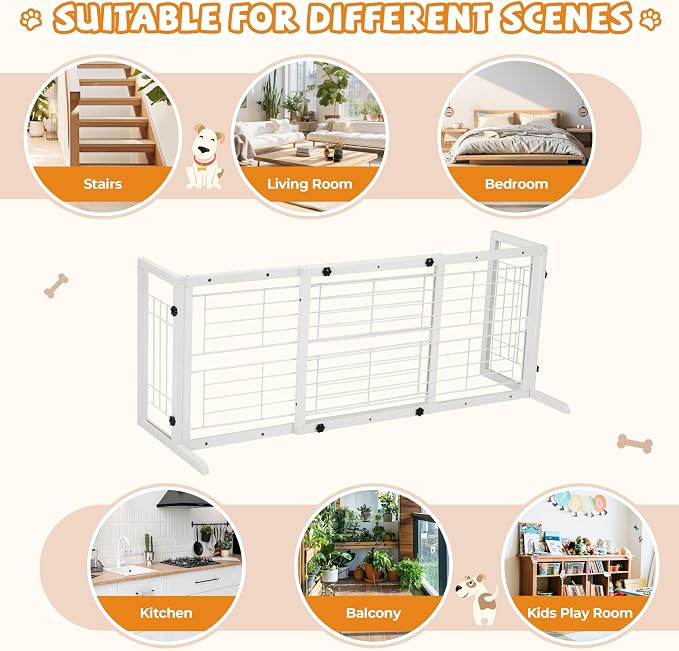 Coziwow 38" -67" Dog Gate Indoor, Pet Gates for Doorways No Drilling, Wooden Free Standing Doggie Fence for Stairs, Safety for Small to Medium-Sized Dog,White