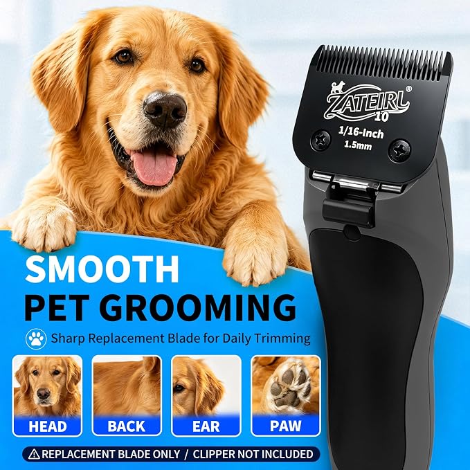 Size 10 Detachable Pet Grooming Clipper Blade with Steel Cutter, 1/16 Inch (1.5 mm) Cut Length, Black, Compatible with Andis, Oster A5, Wahl KM10, 3 Pack