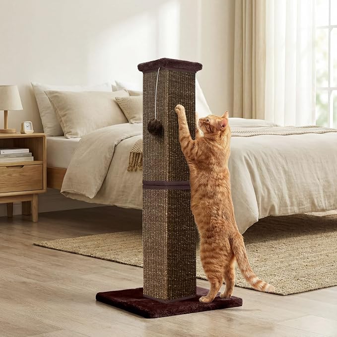 Cat Scratching Post for Indoor Cat, 32 Inch Large Cat Scratcher | Sisal Cat Scratcher with Sturdy Base for Cat Adults, Cat Scratch Post with Vertical Stretch Space, Full Brown