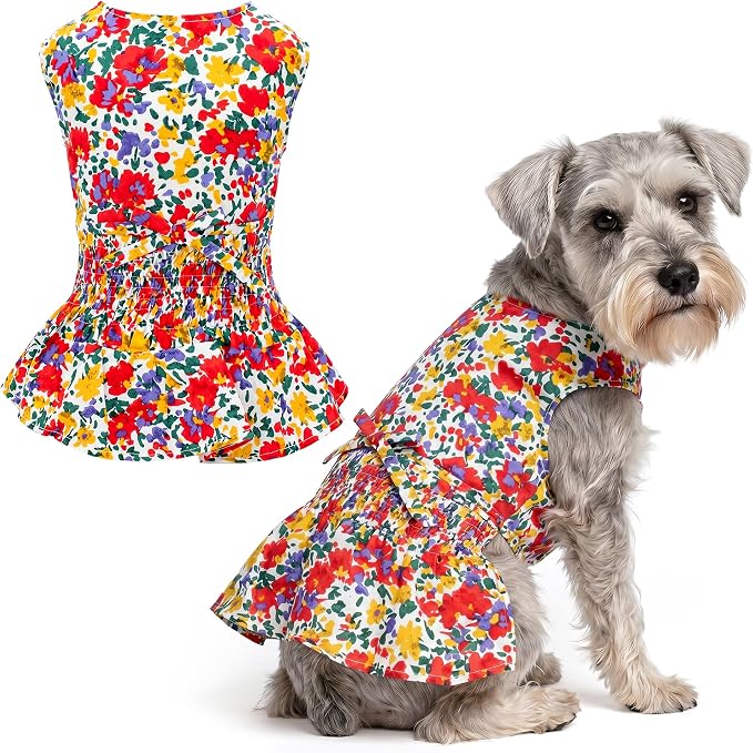 Parisian Pet Floral Dog Dress - 100% Cotton Summer Clothes for Large Dogs Girl - Ruched Waist Pet Dress - Stylish Printed Beach Dog Outfit - Lightweight Puppy Clothes - Sleeveless Dresses for Dogs
