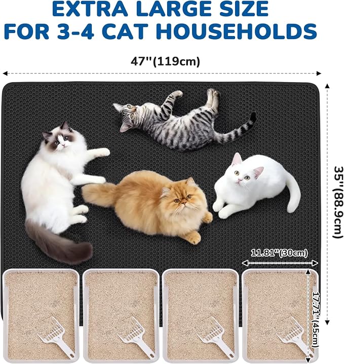 Cat Litter Mat 47" x 35", Washable Urine-Proof Non-Slip Black | Machine Washable, Upgraded Felt & Fabric Material Litter Mat for Fewer Creases, Hold 3-4 Litter Boxes, Soft on Paws