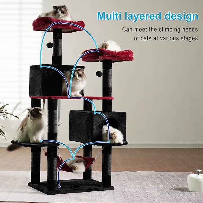 Hey-brother Cat Tree Tower with Sisal Scratching Posts, Big Condo, MPJ020BR | 53.7 Inches Multi-Level Cat House with 2 Bigger Plush Condos, 2 Platforms, Hammock, Toy Balls for Indoor Cats, Black and Red