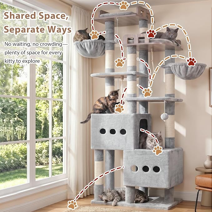 Gitelsnour Sturdy Cat Tree Tower with 2 Large Condos, 4 Big Perchs GCT039W | 74.8" Sturdy Cat Furniture for Indoor Cats Large Adult with 2 Cozy Cat Baskets, Sisal Scratching Posts & Toys, Light Gray
