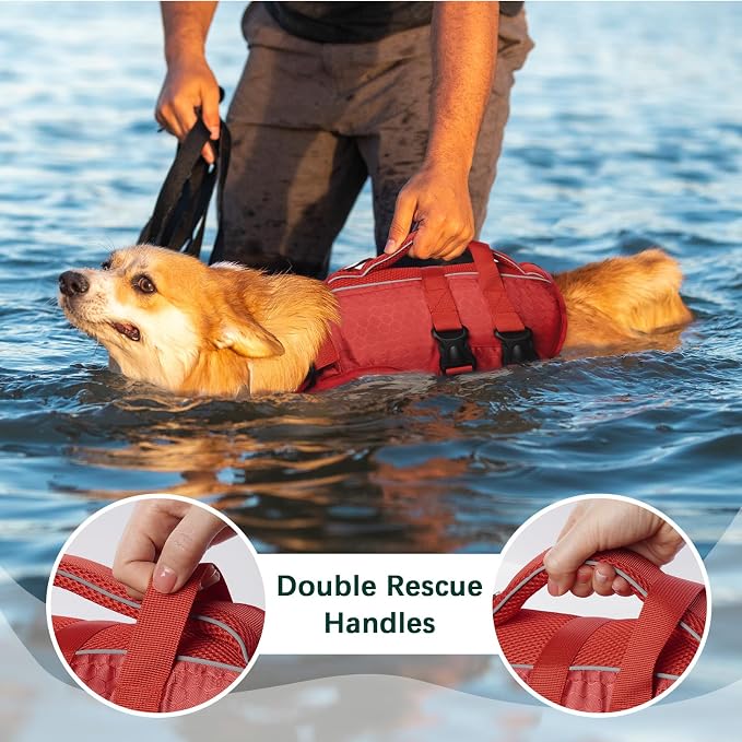 Kuoser Dog Life Jacket, High Flotation Reflective Dog Life Vest, Red, M | Adjustable Dog Lifejackets for Small Medium Large Dogs, Lifevest with Rescue Handle for Swimming, Boating, Lake, Beach & Pool