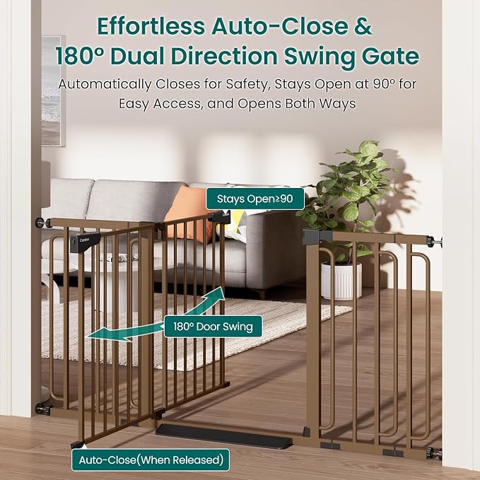 Cumbor 30.4-56.8" Extra Wide Baby Gate, Auto Close Dual Lock Dog Gate Brown | Easy Install Pressure Mounted Pet Gate for Doorways & Wide Openings, Easy Walk Thru Safety Proofing for Babies & Large Dogs