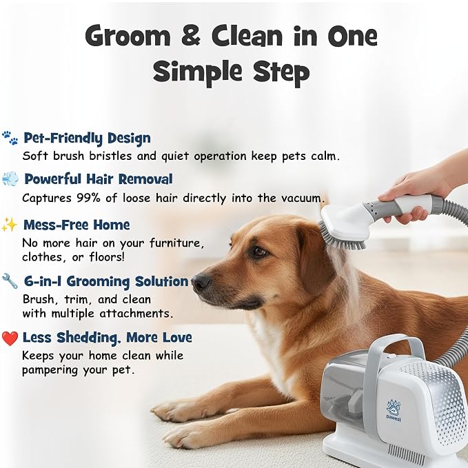 7-in-1 Dog & Cat Grooming Vacuum - Stop Fur & Anxiety at Grooming Time - with Quiet Dog Nail Grinder, Deshedding Dog Brush & Dog Hair Trimmer, Pet Hair Vacuum, 2L Dustbin