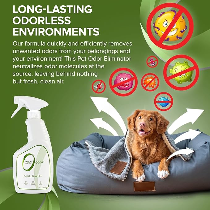 Zero Odor Pet Odor Eliminator Spray for Dog & Cat Urine, Carpet Deodorizer | Enzyme free, Urine Smell Eliminator for Pet Beds, Litter Areas & Furniture, 16 FL OZ