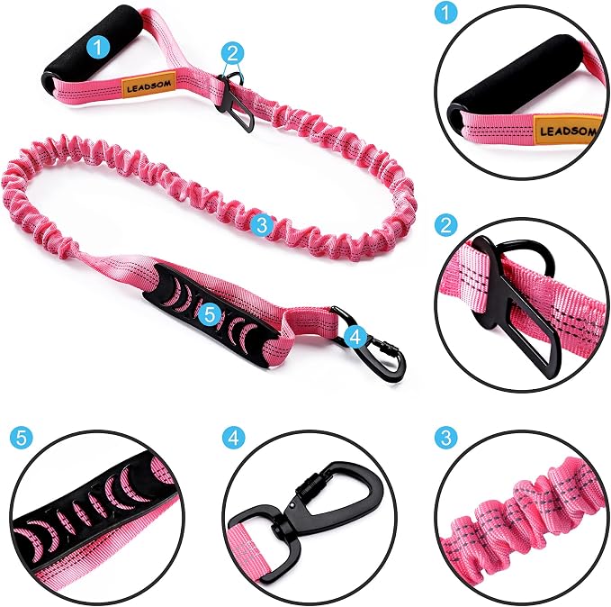 6FT Highly Reflective Heavy Duty Elastic Bungee Medium and Large Dog Leash Shock Absorbing with Comfortable Padded Handle and Traffic Handle Suitable for Training
