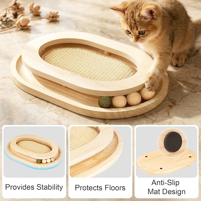 Cat Scratcher, Sisal Scratch Pad with Interactive Ball Track | No Assembly, Natural Sisal, Solid Base, Track with 3 Wooden Balls + 1 Catnip Ball, No Slip Pads, for Cat Exercise Sleep Chase