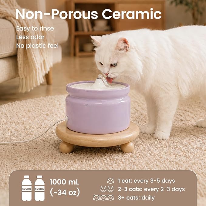 Ceramic Cat Water Fountain, 1L/32oz Automatic Pet Drinking Fountain | Quiet USB Powered Pump, Triple Filtration | BPA-Free, Easy to Clean & Dishwasher Safe | for Cats & Small Dogs