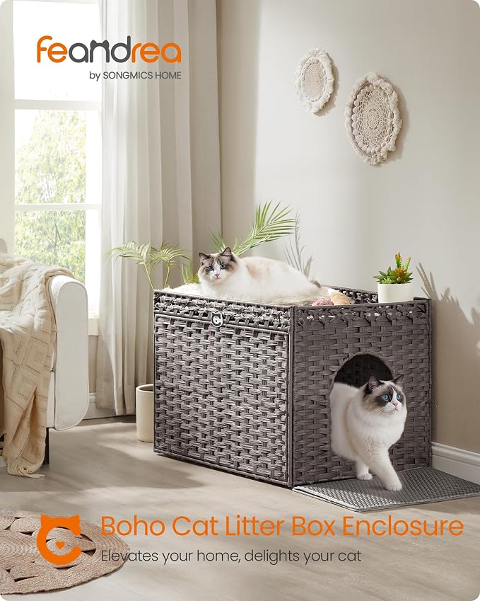 Feandrea Cat Litter Box Enclosure, Handwoven Rattan Hidden Furniture | Extra Litter Mat, Removable Washable Tray, Boho Cat House, End Table, Dove Gray UPCL014G01