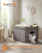 Feandrea Cat Litter Box Enclosure, Handwoven Rattan Hidden Furniture | Extra Litter Mat, Removable Washable Tray, Boho Cat House, End Table, Dove Gray UPCL014G01