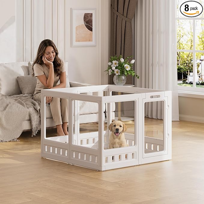 Clear-air Dog Playpen, Expandable Acrylic Dog Playpen for Small Dogs, Transparent Clear Dog Play Pen Indoors Puppy Enclosure, 35", 8 Panels, White
